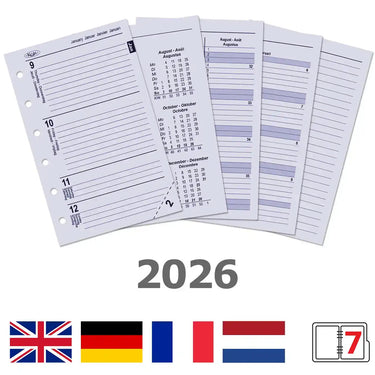 6336-26 125 x 80 mm Pocket 6 Ring Agenda Inserts Complete Set EN FR DE NL 2026